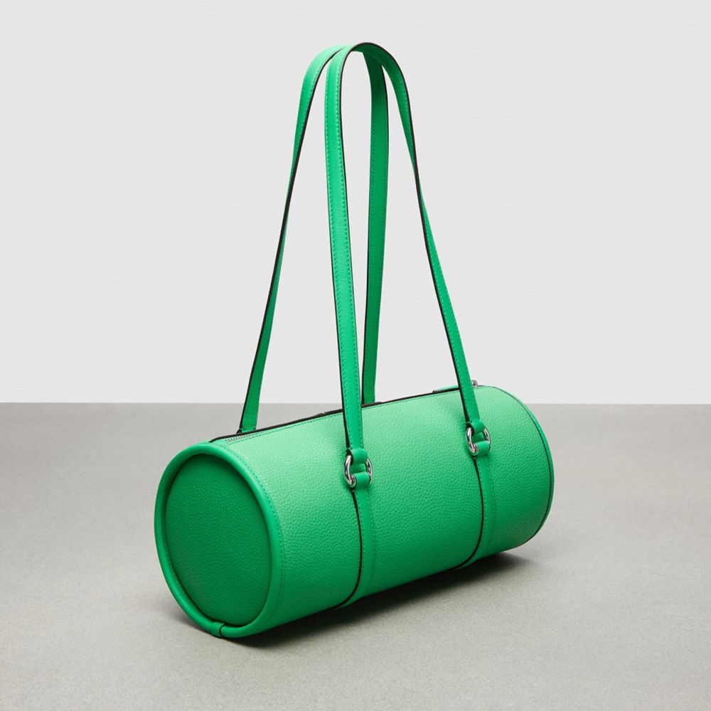 COACH®,Barrel Bag In Coachtopia Leather,Leather,Acrylic,Barrel Bag,Plastic,Tag Embellishment,Silver Metal,Casual,Green,Angle View