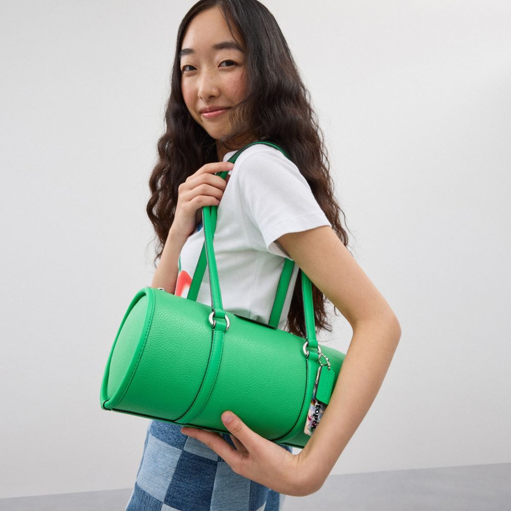 COACH®,Barrel Bag In Coachtopia Leather,Leather,Acrylic,Barrel Bag,Plastic,Tag Embellishment,Silver Metal,Casual,Green,Detail View