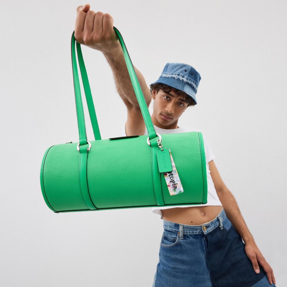 COACH®,Barrel Bag In Coachtopia Leather,Leather,Acrylic,Barrel Bag,Plastic,Tag Embellishment,Silver Metal,Casual,Green,Detail View