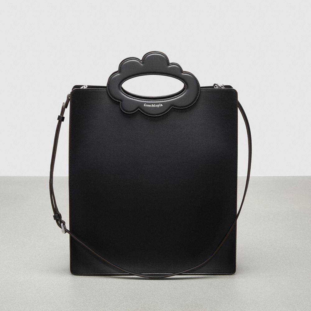 COACH®,Cloud Handle Tote In Coachtopia Leather,Leather,Tote,Plastic,Logo,Embossed,Scallop,Silver Metal,Day Party,Black,Front View