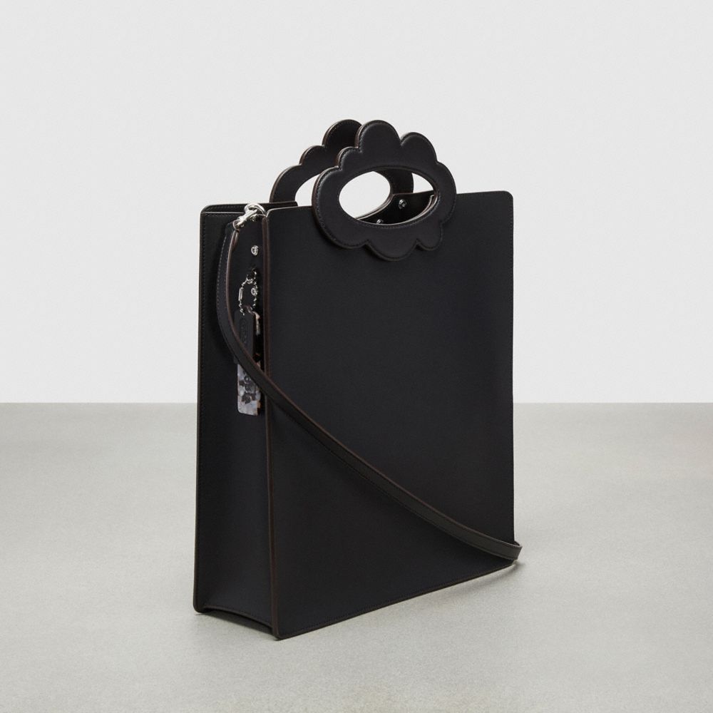 COACH®,Cloud Handle Tote In Coachtopia Leather,Leather,Tote,Plastic,Logo,Embossed,Scallop,Silver Metal,Day Party,Black,Angle View