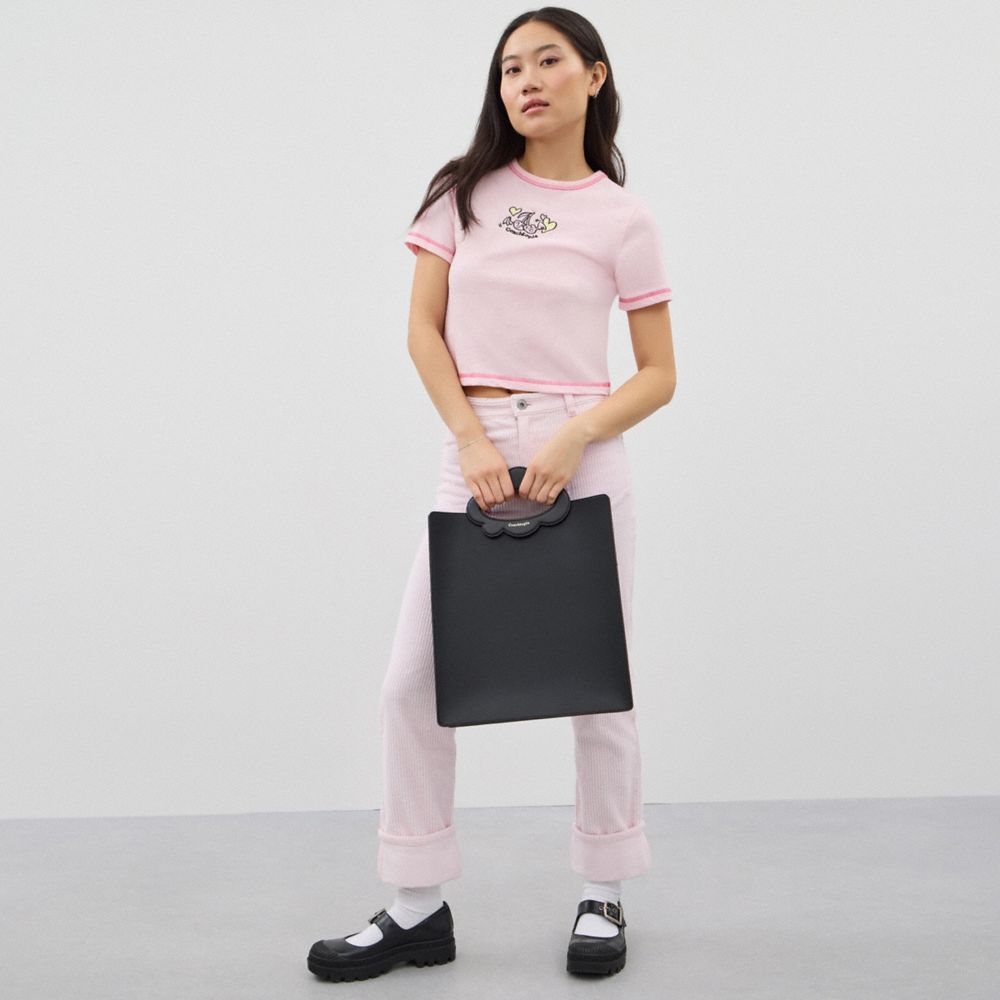 COACH®,Cloud Handle Tote In Coachtopia Leather,Leather,Tote,Plastic,Logo,Embossed,Scallop,Silver Metal,Day Party,Black,Detail View