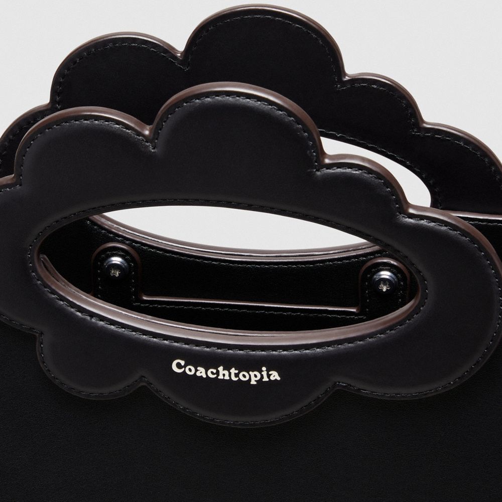 COACH®,Cloud Handle Tote In Coachtopia Leather,Leather,Tote,Plastic,Logo,Embossed,Scallop,Silver Metal,Day Party,Black,Closer View