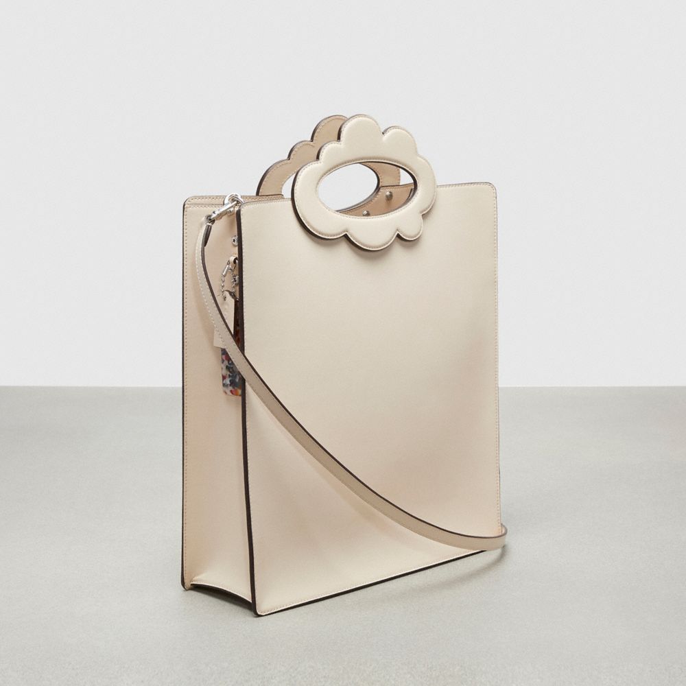 COACH®,Cloud Handle Tote In Coachtopia Leather,Leather,Tote,Plastic,Logo,Embossed,Scallop,Silver Metal,Day Party,Cream,Angle View