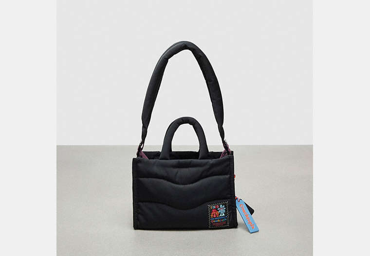 COACH®,Coachtopia Loop Mini Puffy Tote,Recycled Polyester,Medium,Coachtopia Loop,Black,Front View image number 0