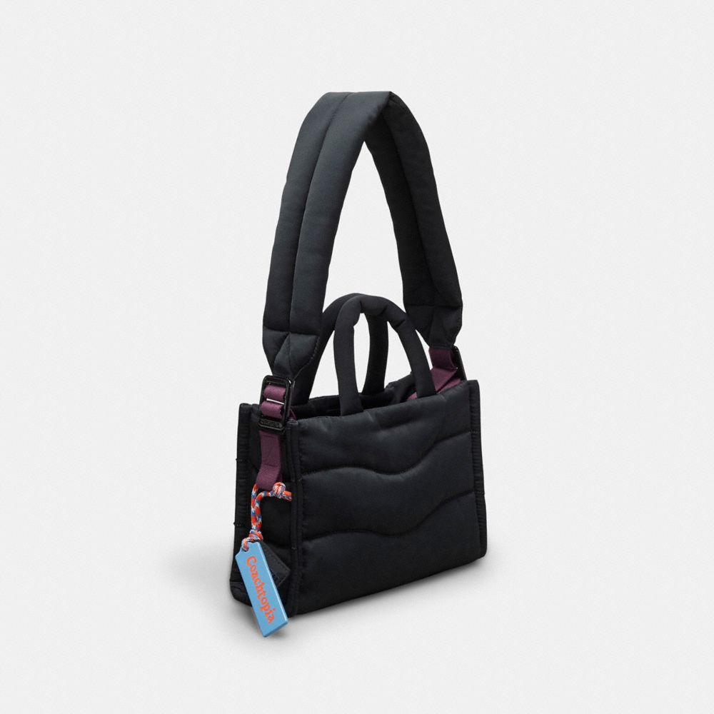 COACH®,Coachtopia Loop Mini Puffy Tote,Recycled Polyester,Medium,Coachtopia Loop,Black,Angle View