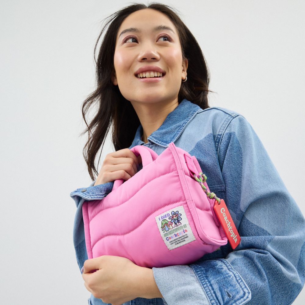 COACH®,Coachtopia Loop Mini Tote,Recycled Polyester,Lining Recycled Polyester,Tote,Plastic,Applique,Tag Embellishment,Comp...,Pink,Detail View