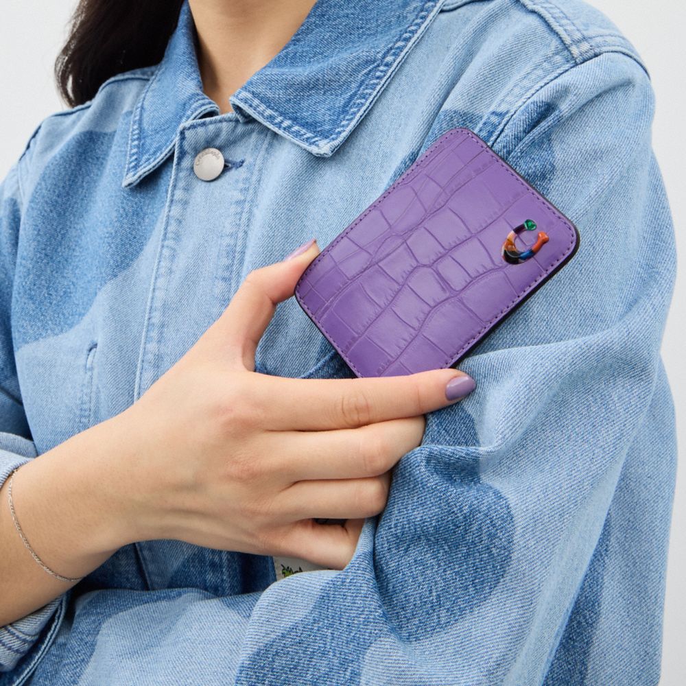COACH®,Wavy Card Case In Croc Embossed Coachtopia Leather,Leather,Card Case,Plastic,Logo,Casual,Purple,Detail View