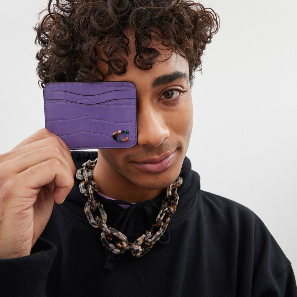 COACH®,Wavy Card Case In Croc Embossed Coachtopia Leather,Leather,Card Case,Plastic,Logo,Casual,Purple,Detail View