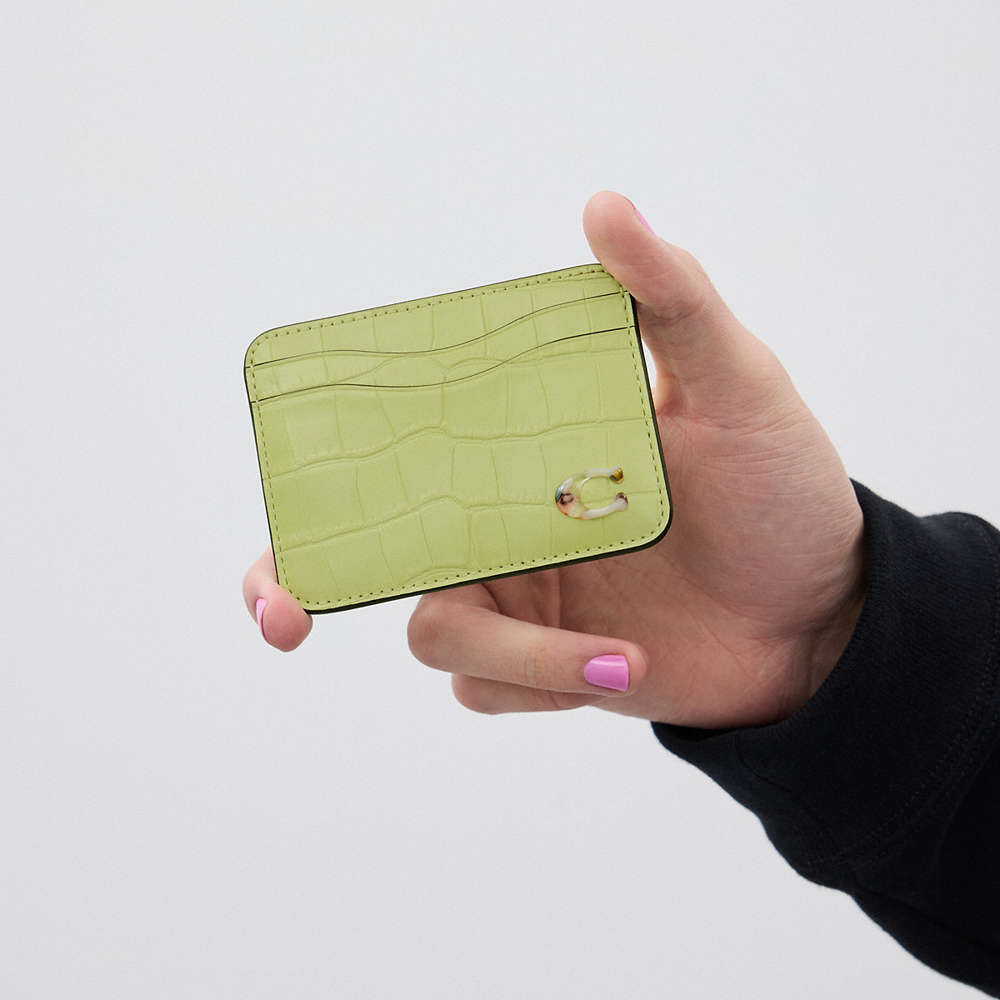 Shop Coach Wavy Card Case In Croc Embossed Topia Leather In Pale Lime