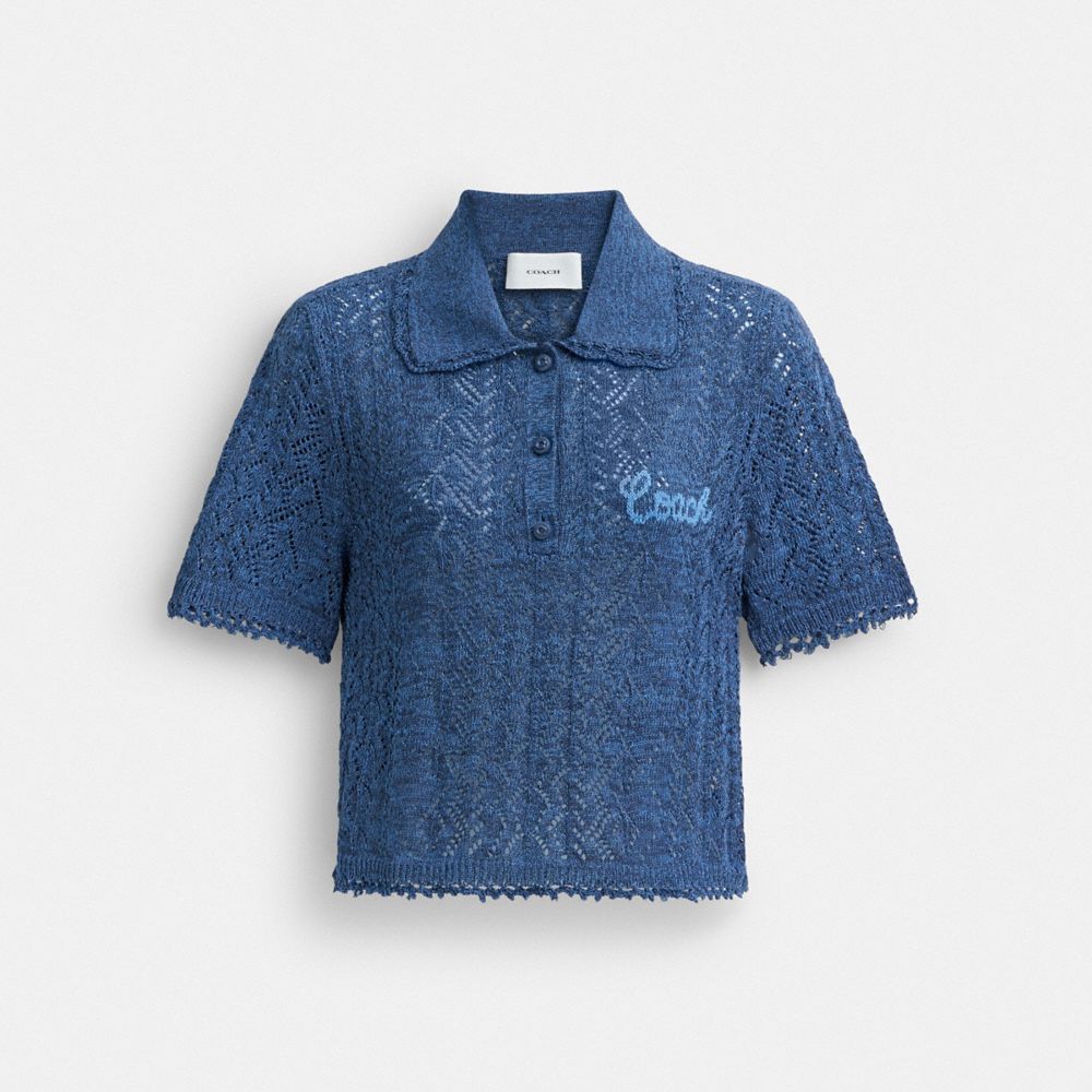 COACH®,CROPPED KNIT POLO TOP,Navy,Front View