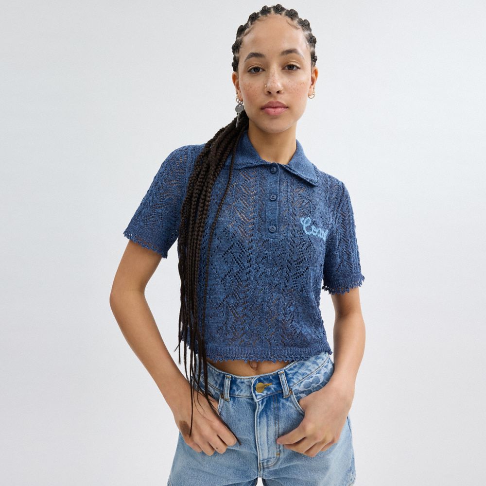 COACH®,CROPPED KNIT POLO TOP,Cotton/Polyester,Navy,Scale View