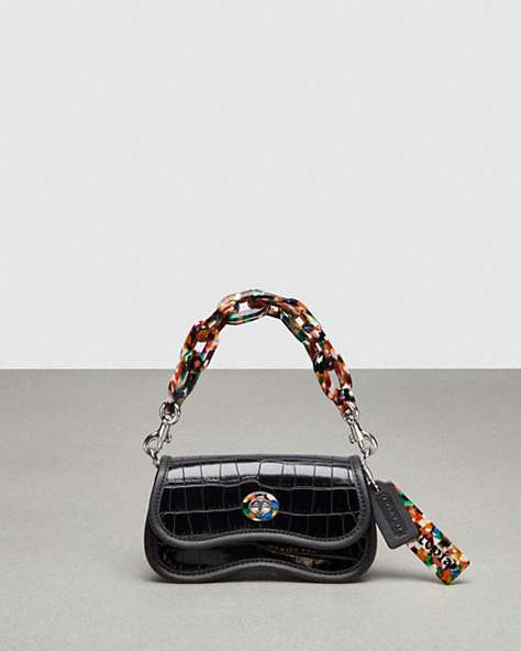 COACH®,Mini Wavy Dinky with Crossbody Strap in Croc-Embossed Coachtopia Leather,Mini,Black,Front View