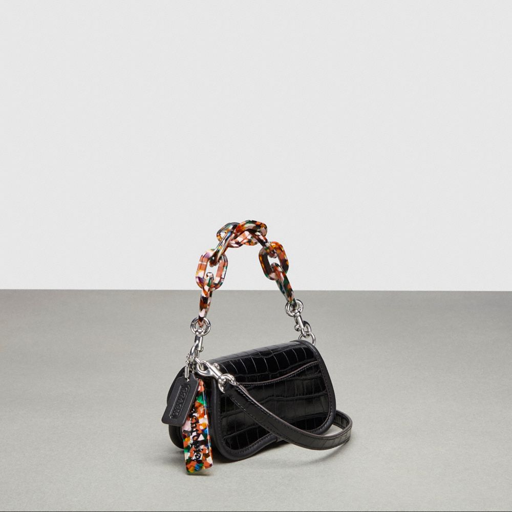 Shop Coach Mini Wavy Dinky With Crossbody Strap In Croc Embossed Topia Leather In Black