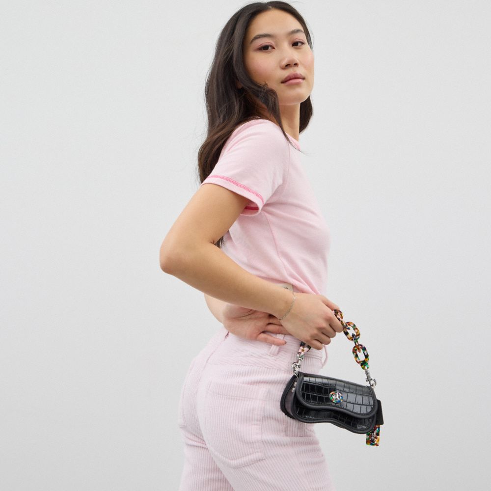 COACH®,Mini Wavy Dinky Bag In Croc Embossed Coachtopia Leather,Leather,Acrylic,Crossbody,Plastic,Embossed,Chain Detail,Log...,Black,Detail View
