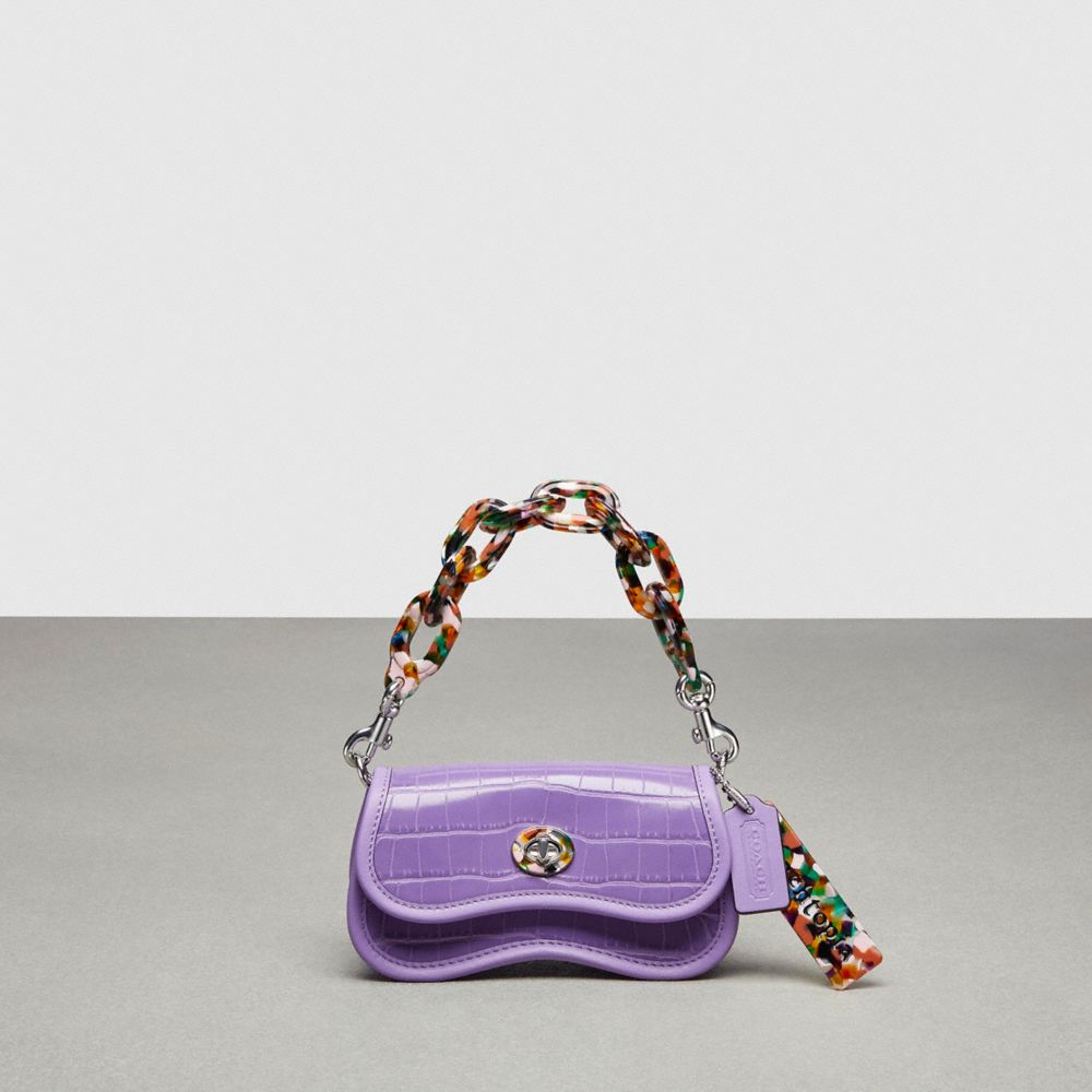 COACH®,Mini Wavy Dinky Bag With Crossbody Strap In Croc-Embossed Coachtopia Leather,Mini,Croc-Embossed,Iris,Front View image number 0