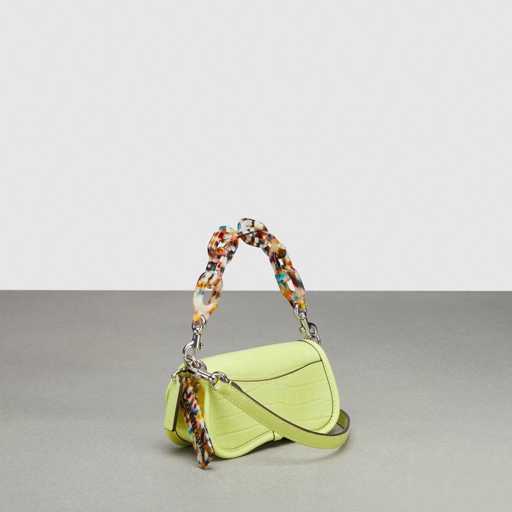 COACH®,Mini Wavy Dinky Bag With Crossbody Strap In Croc-Embossed Coachtopia Leather,Mini,Croc-Embossed,Pale Lime,Angle View