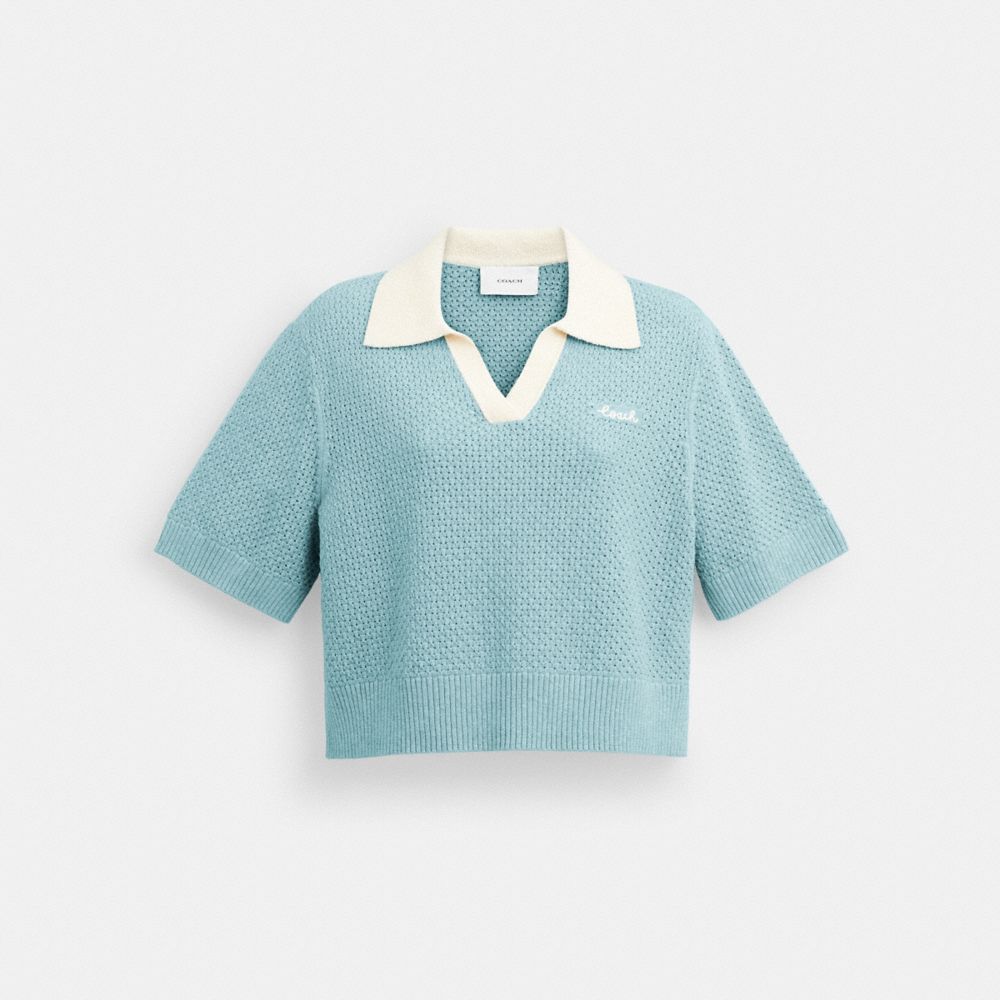 COACH®,CROPPED KNIT POLO,Blue,Front View