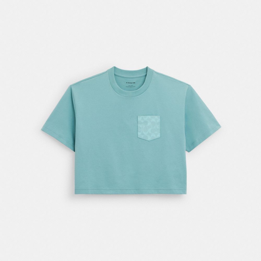 COACH®,CROPPED T-SHIRT WITH SIGNATURE POCKET IN ORGANIC COTTON,Teal,Front View
