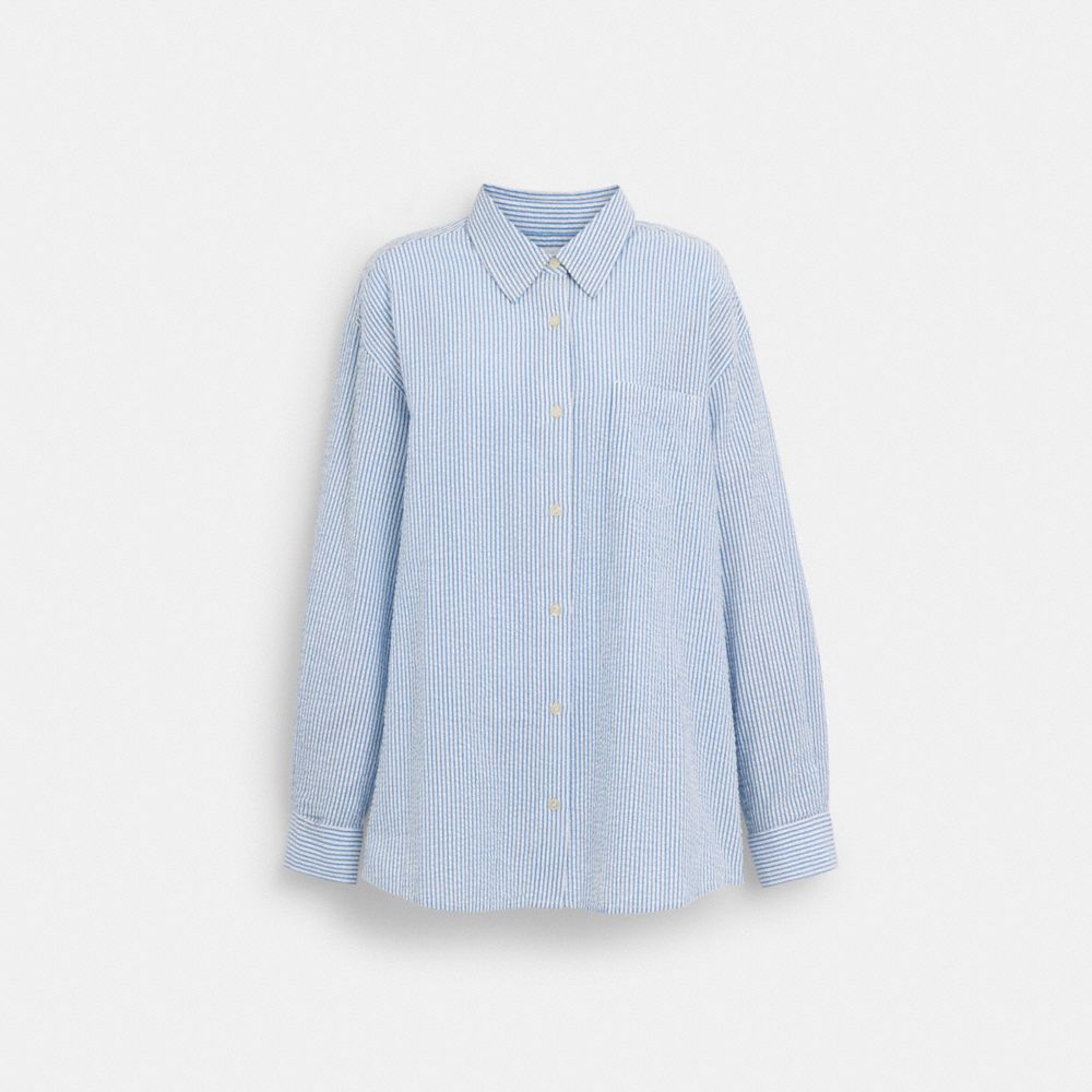 COACH®,ストライプ シアサッカー ボタン ダウン シャツ,トップス&ワンピース,ﾌﾞﾙｰ ﾏﾙﾁ