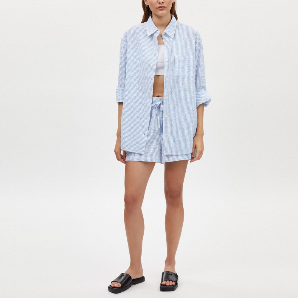 COACH®,ストライプ シアサッカー ボタン ダウン シャツ,トップス&ワンピース,ﾌﾞﾙｰ ﾏﾙﾁ