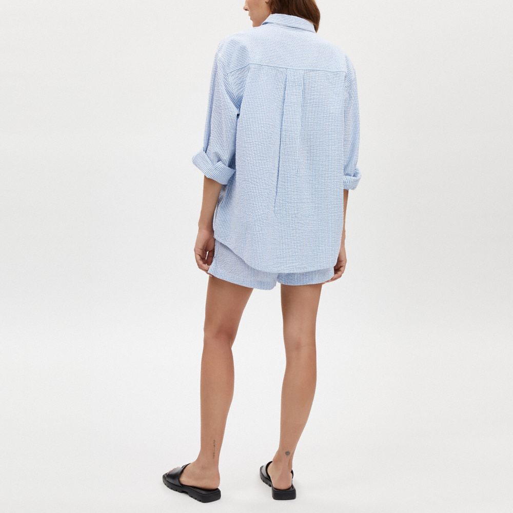 COACH®,ストライプ シアサッカー ボタン ダウン シャツ,トップス&ワンピース,ﾌﾞﾙｰ ﾏﾙﾁ