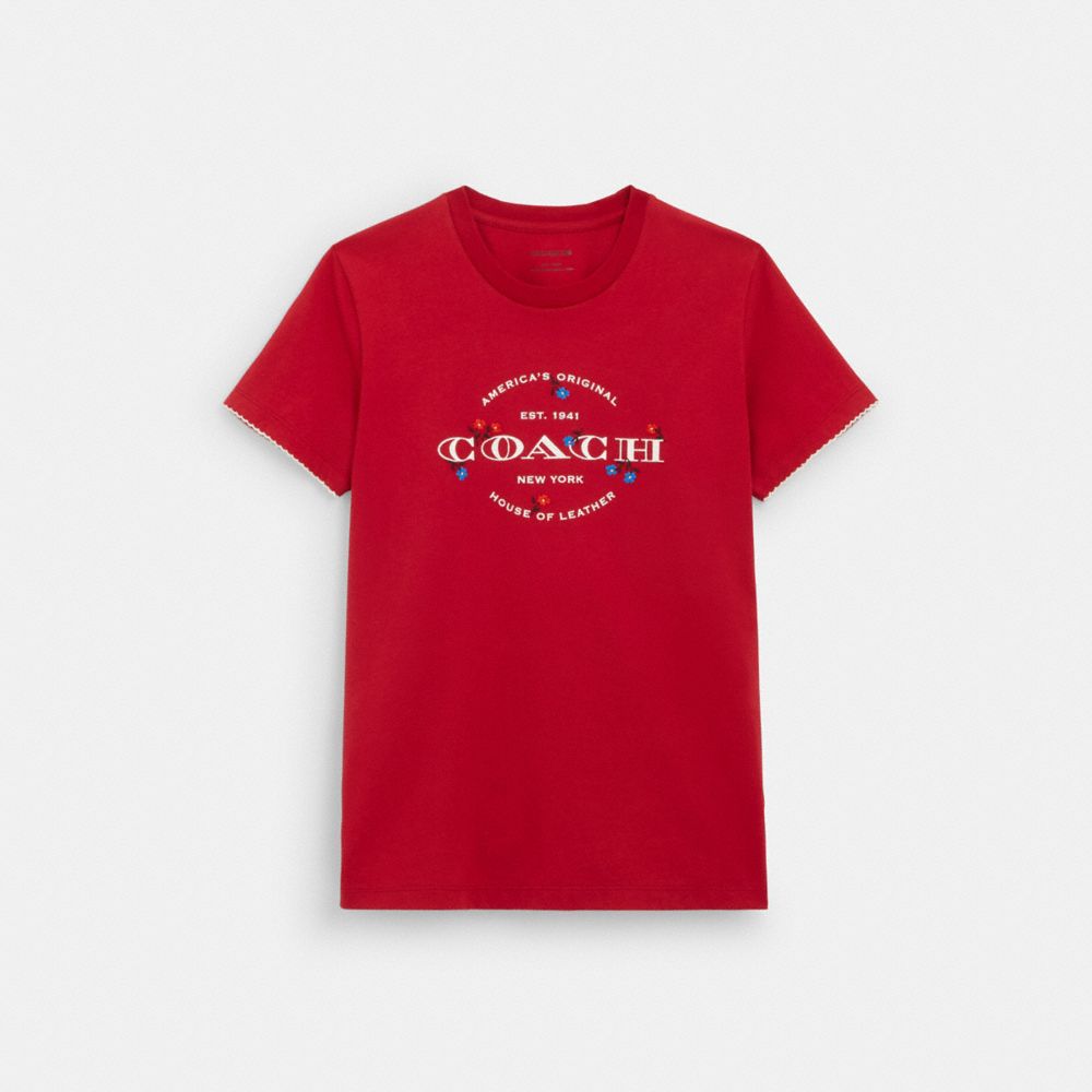 COACH®,Floral T Shirt In Organic Cotton,Cotton,T Shirt,Picot Trim,Embroidered,Casual,,Front View