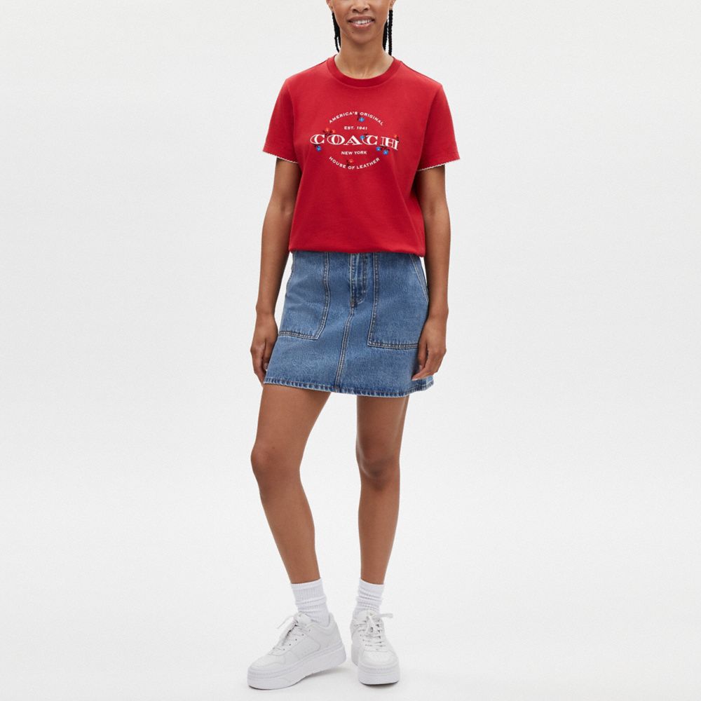 COACH®,Floral T Shirt In Organic Cotton,Cotton,T Shirt,Picot Trim,Embroidered,Casual,,Scale View