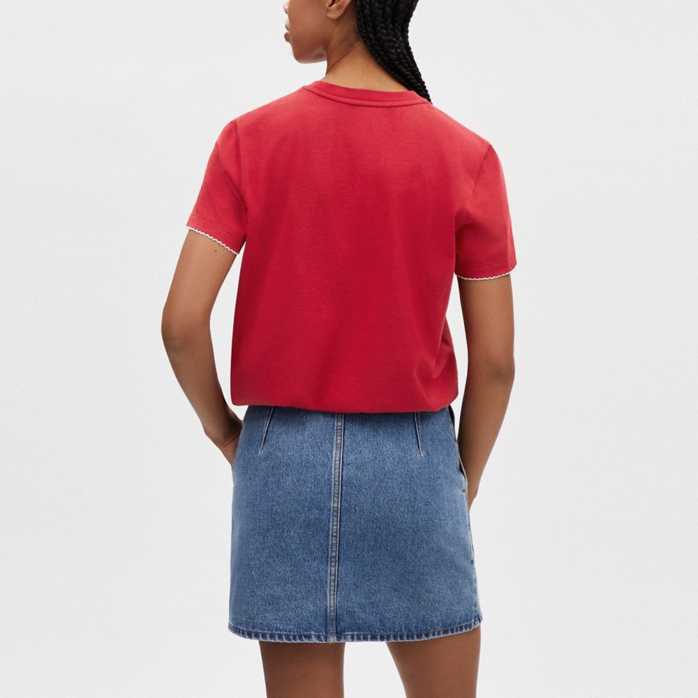 COACH®,Floral T Shirt In Organic Cotton,Cotton,T Shirt,Picot Trim,Embroidered,Casual,,Scale View