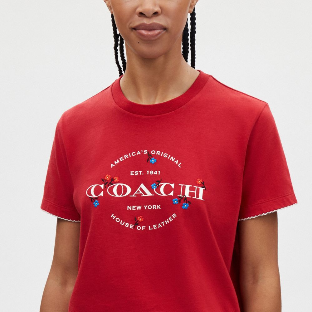 COACH®,Floral T Shirt In Organic Cotton,Cotton,T Shirt,Picot Trim,Embroidered,Casual,,Detail View
