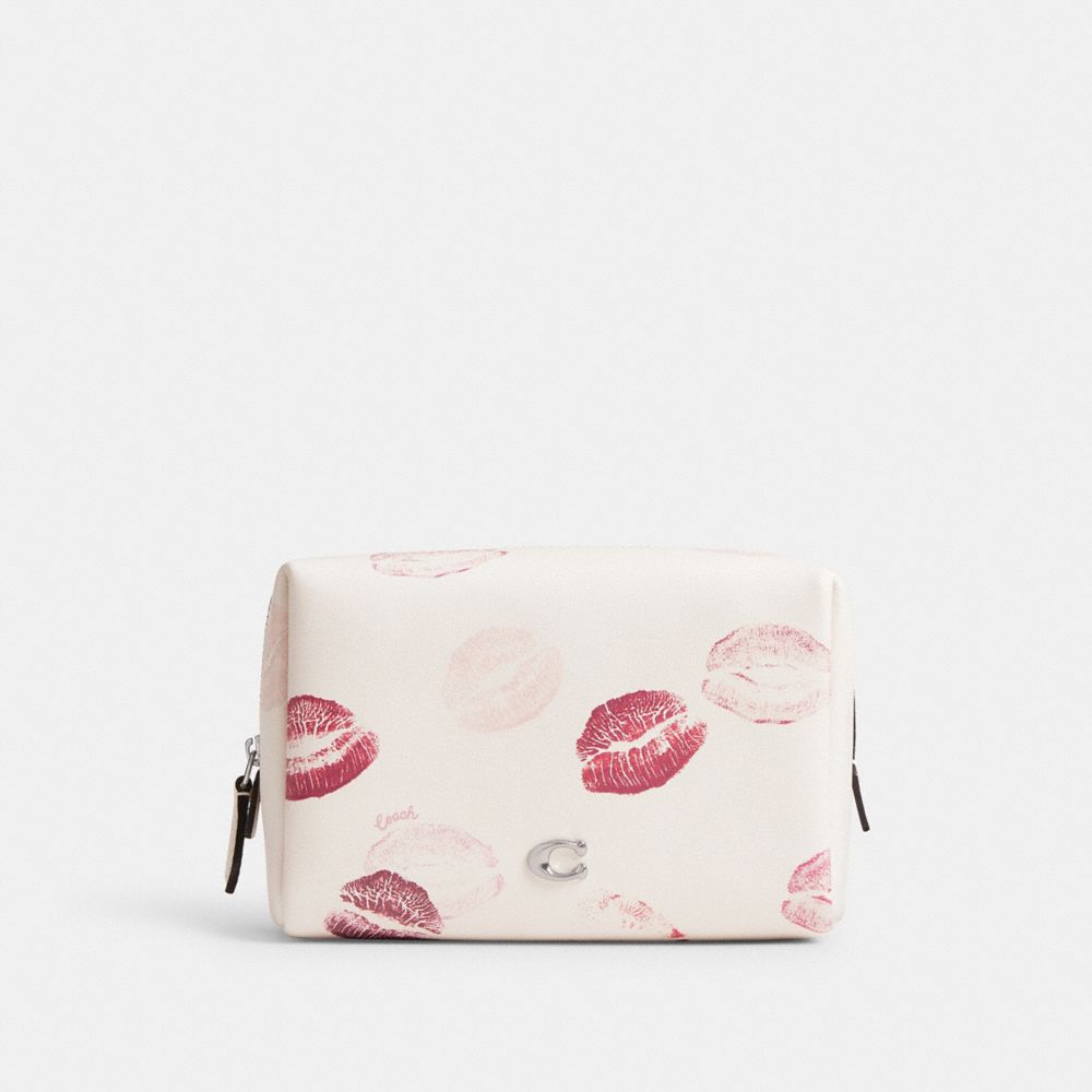 COACH®,ESSENTIAL COSMETIC POUCH WITH LIP PRINT,Mini,Silver/Chalk Multi,Front View