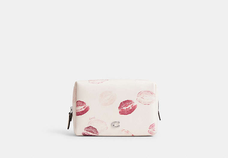 COACH®,ESSENTIAL COSMETIC POUCH WITH LIP PRINT,Mini,Silver/Chalk Multi,Front View