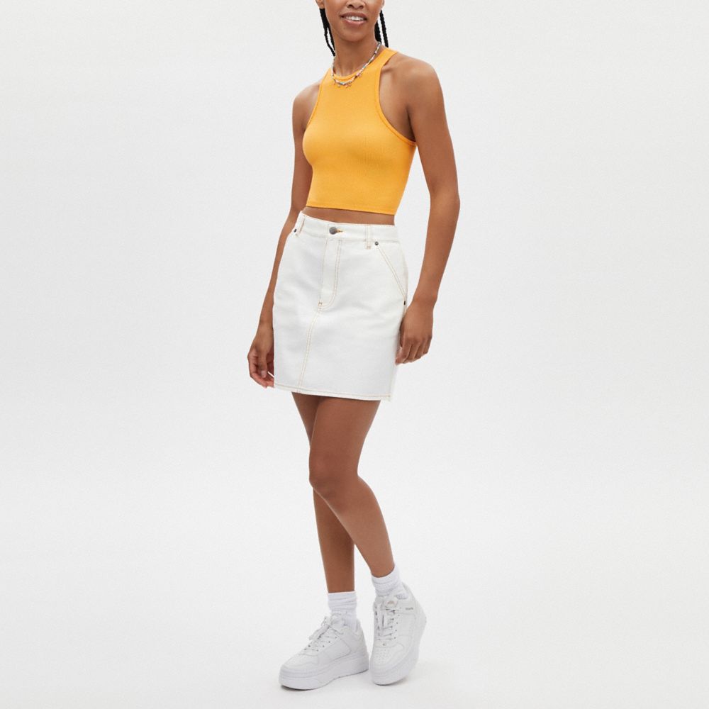 COACH®,Twill Utility Skirt In Organic Cotton And Recycled Polyester,Cotton,Denim,A-Line,Stitching,Sustainable,Casual,White,Scale View