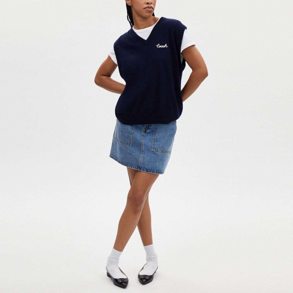 COACH®,Cashmere Sweater Vest,Sweater,Pullover,Logo,Embroidered,Casual,Navy,Scale View
