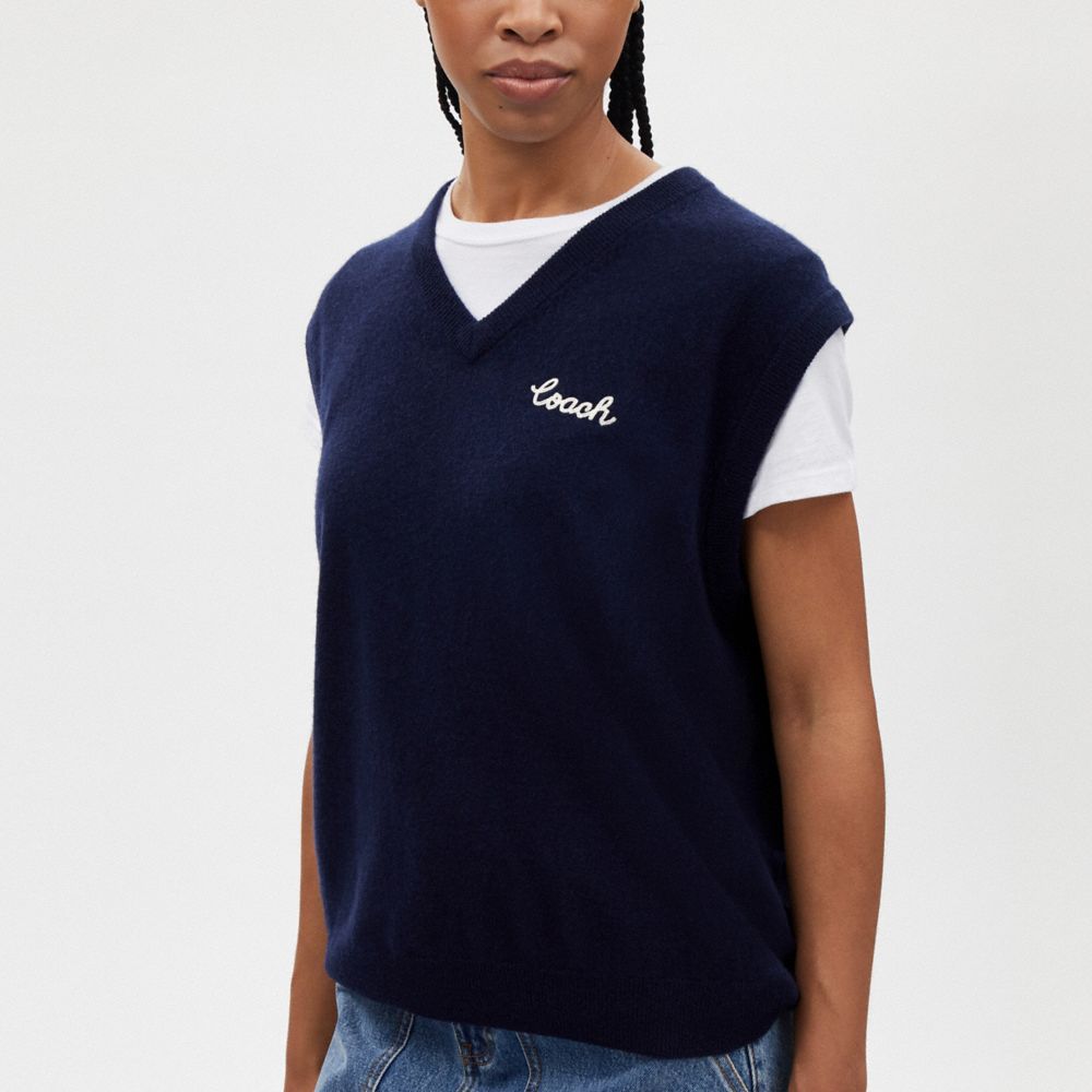 COACH®,Cashmere Sweater Vest,Pullover,Sweater,Logo,Embroidered,Casual,Navy,Detail View