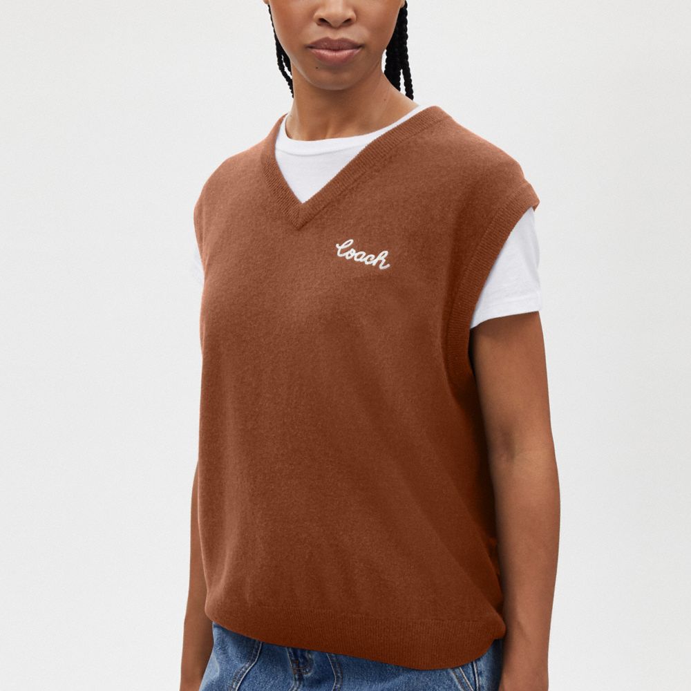 COACH®,Cashmere Sweater Vest,Pullover,Sweater,Logo,Embroidered,Casual,Brown,Detail View