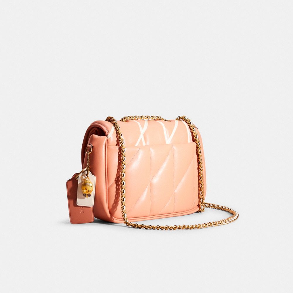 COACH®,Upcrafted Pillow Madison Shoulder Bag With Quilting,Leather,Shoulder Bag,Chain Detail,Logo,Metal,Gold Metal,Day Party,Orange,Angle View