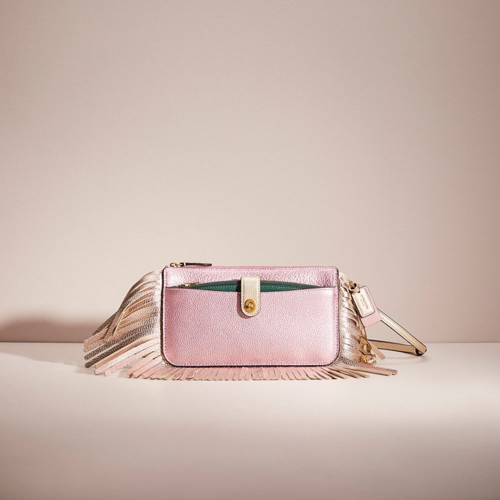 COACH®,Upcrafted Noa Pop Up Messenger In Colorblock,Leather,Crossbody,Pouch,Fringe,Logo,Metal,Embossed,Cocktail,Metallic,Rose Gold,Front View