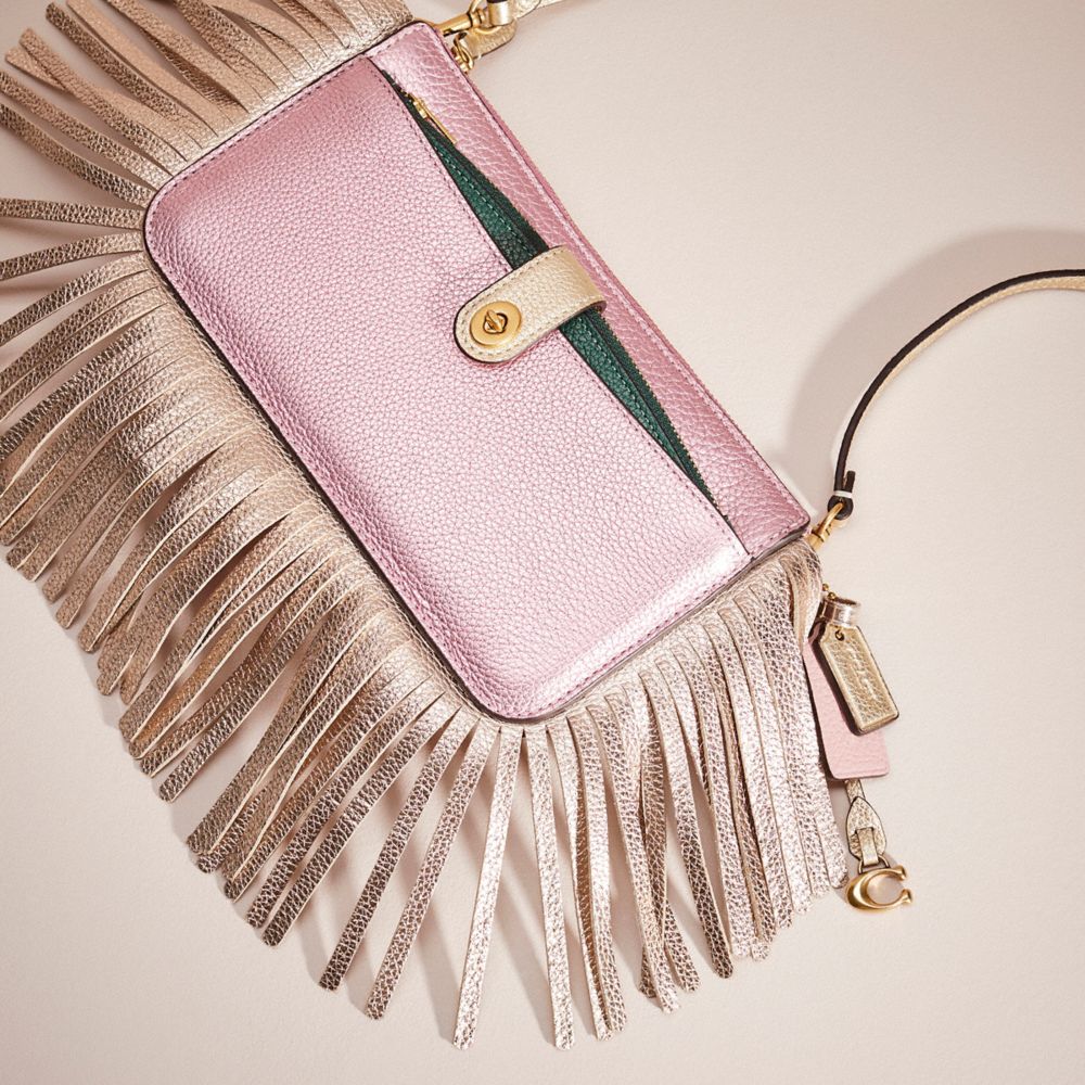 COACH®,Upcrafted Noa Pop Up Messenger In Colorblock,Leather,Crossbody,Pouch,Fringe,Logo,Metal,Embossed,Cocktail,Metallic,Rose Gold,Closer View