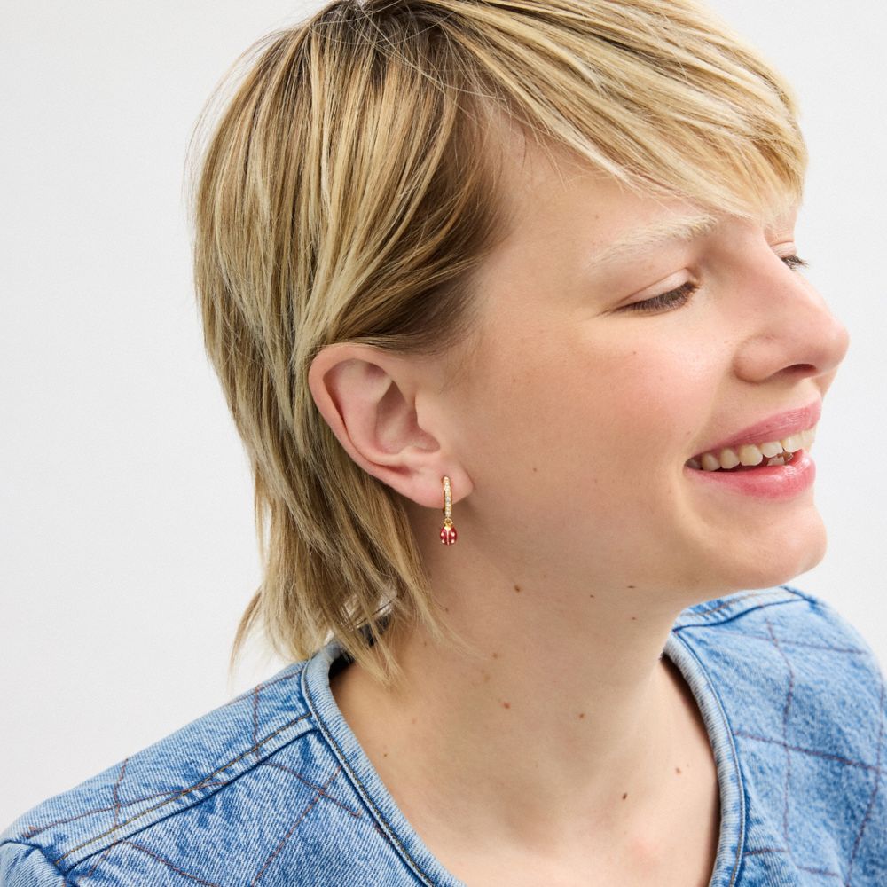 COACH®,Garden Ladybug Drop Earrings,Dangle Earring,Hoops,Enamel,Cubic Zirconia,Glass,Gem Embellishment,Novelty Embellishme...,Multi Color,Detail View