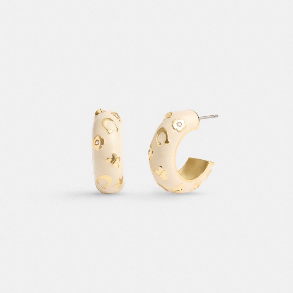 COACH®,ENAMEL SIGNATURE FLORAL HUGGIE EARRINGS,Gold/Chalk,Front View