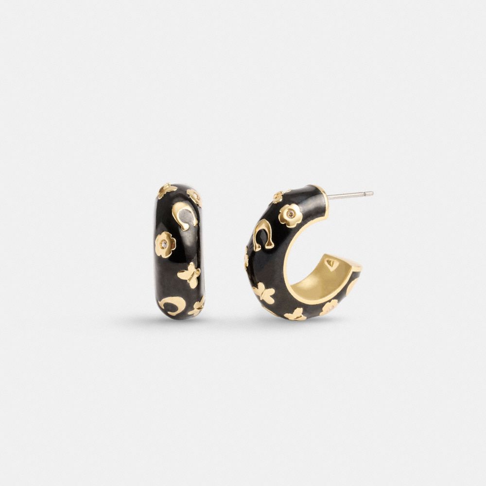 COACH®,ENAMEL SIGNATURE FLORAL HUGGIE EARRINGS,Gold/Black,Front View