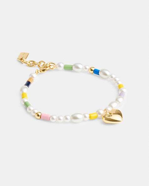 COACH®,SIGNATURE HEART BEADED PEARL BRACELET,Gold/Multi,Front View