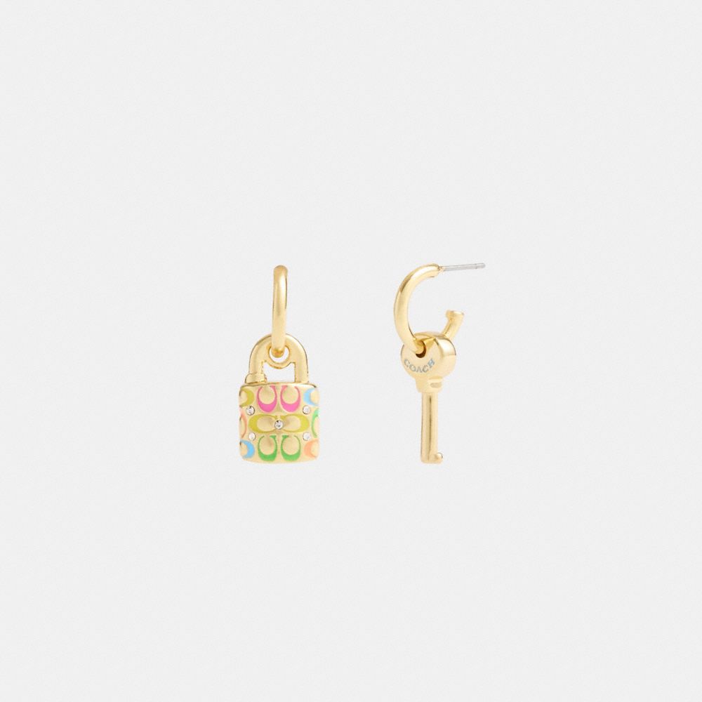 COACH®,RAINBOW QUILTED PADLOCK KEY MISMATCH EARRINGS,Gold/Multi,Front View