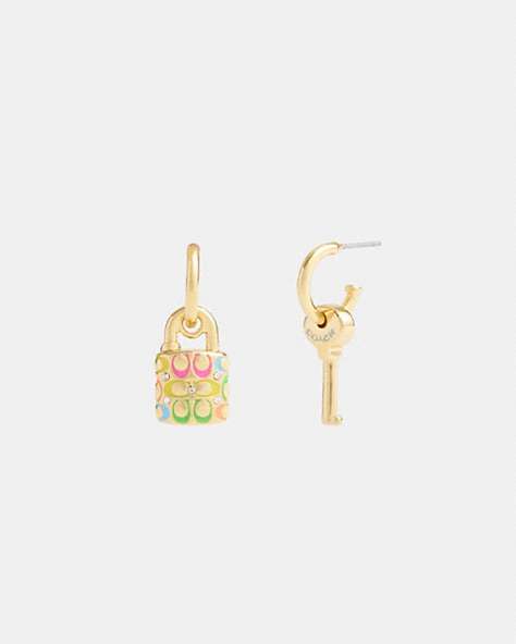 COACH®,RAINBOW QUILTED PADLOCK KEY MISMATCH EARRINGS,Gold/Multi,Front View