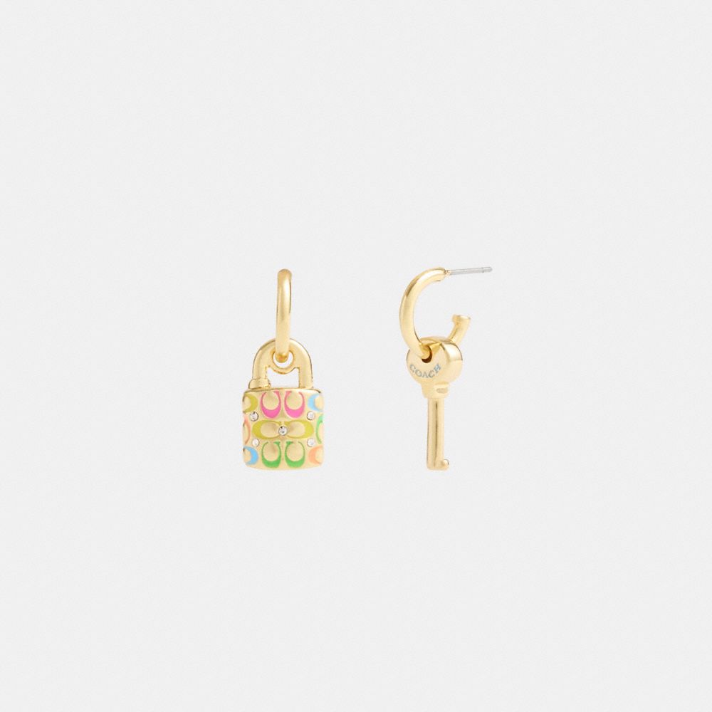 Shop Coach Rainbow Quilted Padlock Key Mismatch Earrings In Gold/multi