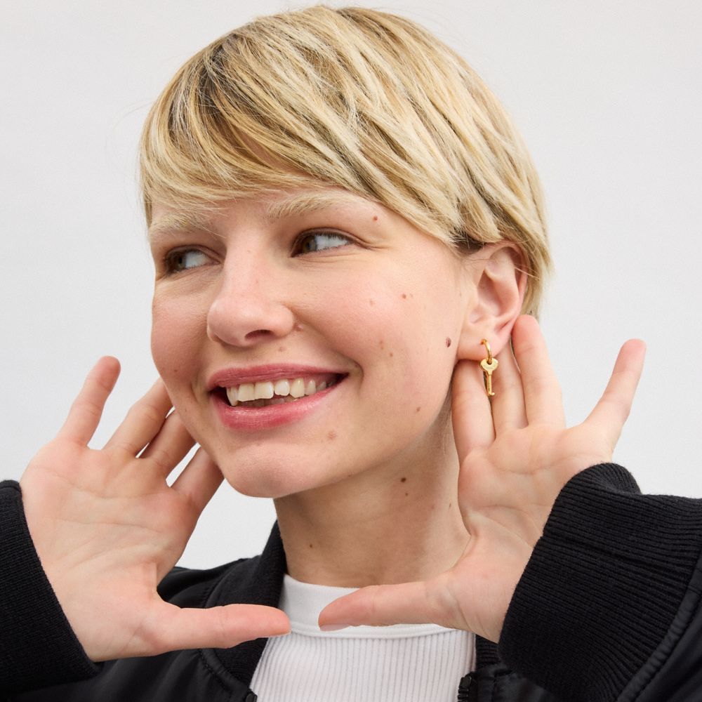 COACH®,Rainbow Quilted Padlock Key Mismatch Earrings,Dangle Earring,Hoops,Enamel,Cubic Zirconia,Glass,Crystal,3D Embellish...,Multi Color,Detail View