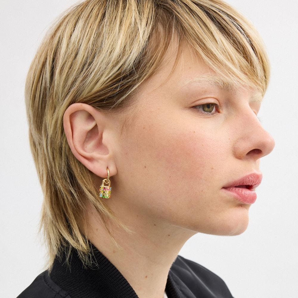 COACH®,Rainbow Quilted Padlock Key Mismatch Earrings,Dangle Earring,Hoops,Enamel,Cubic Zirconia,Glass,Crystal,3D Embellish...,Multi Color,Detail View