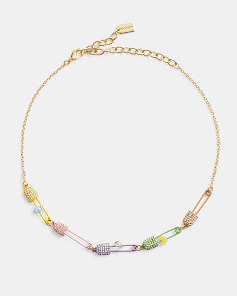 COACH®,SAFETY PIN CHARM LINK CHOKER NECKLACE,Gold/Multi,Front View