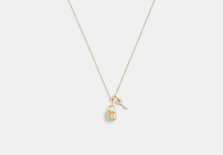 COACH®,RAINBOW QUILTED PADLOCK KEY PENDANT NECKLACE,Gold/Multi,Front View